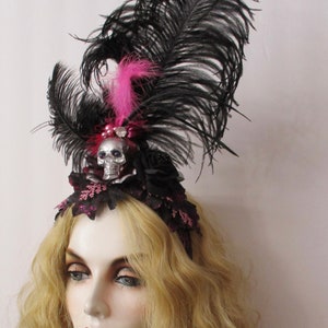 Halloween in Vegas: Skull Feathered Headband ART DECO Headpiece Silver Skull Black Ostrich Feathers Jewels