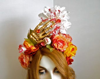 Bloody Day of the Dead Halloween Costume Headpiece Macabre Bloody Skeleton Hand Gory Blood Red Drop Colorful Floral: Painting the Flowers