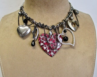 HEARTS R WILD: Punk Heart Necklace Choker Vintage Assemblage Hot Pink Silver Black Leopard Heart Rockabilly Charm Edgy Valentine's Day