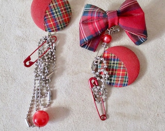Punk Rocker Earrings Red Scots Plaid Safety Pins Silver Keychains Mismatched Oversized 80s 90s Style Vintage Assemblage: Tartan Lassie