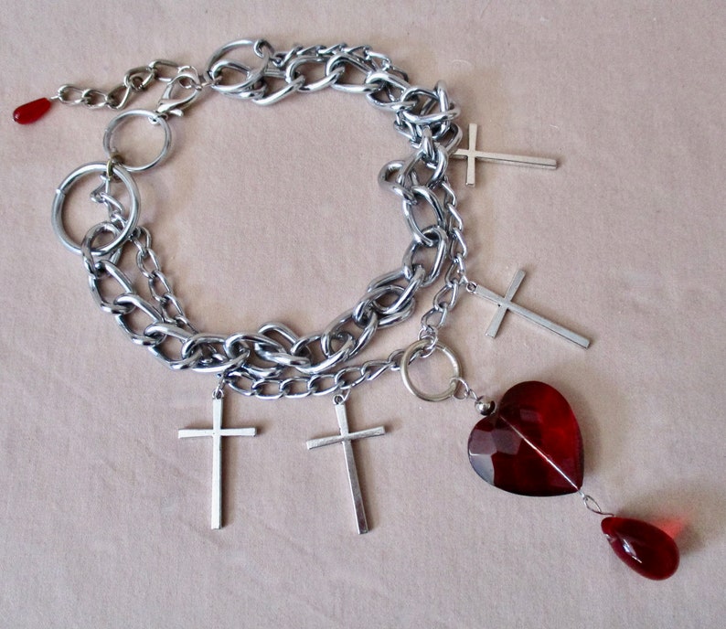 Loved to Death: Punk Bleeding Heart Choker Heavy Chains Silver Crosses Large Red Glass Heart Blood Drop Goth Rocker Statement Morticia Snow image 5