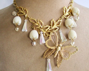 May Bells: Butterfly Choker Bridal Necklace Vintage Assemblage Flowers Gold Aurora Crystals Cream White Wedding Bridesmaid MONET Butterfly