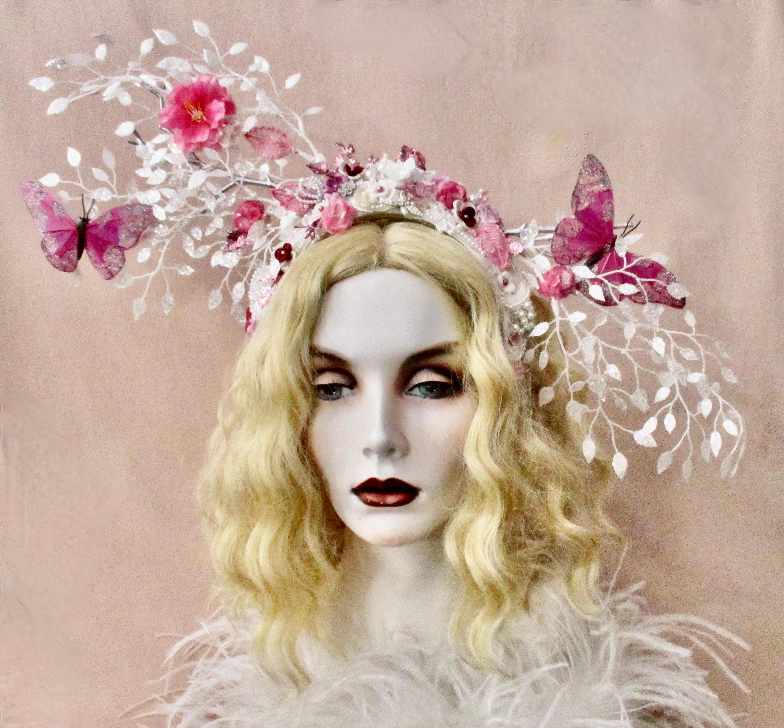 Vintage Fashion Fantasy Beaded Floral Butterfly Hat Art to Wear Festival Cap Blush Feather Orchid Butterfly Fascinator Hat – Julep Hat  main image 3
