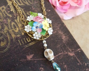 Dearly Beloved: Flower Necklace Vintage Assemblage Memento Mori SKULL Day of the Dead Floral Collage Skull Tear Crystal Drop Edgy Wedding