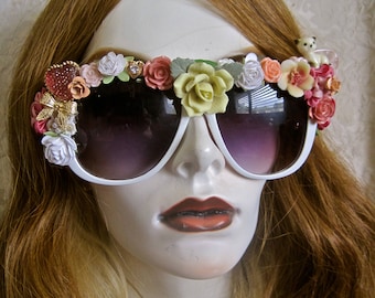 CUSTOM ORDER Decorated Sunglasses Flowers Assemblage Hearts Bows China Kitty Vintage Assemblage One of a Kind OOAK White Shades Pink Yellow