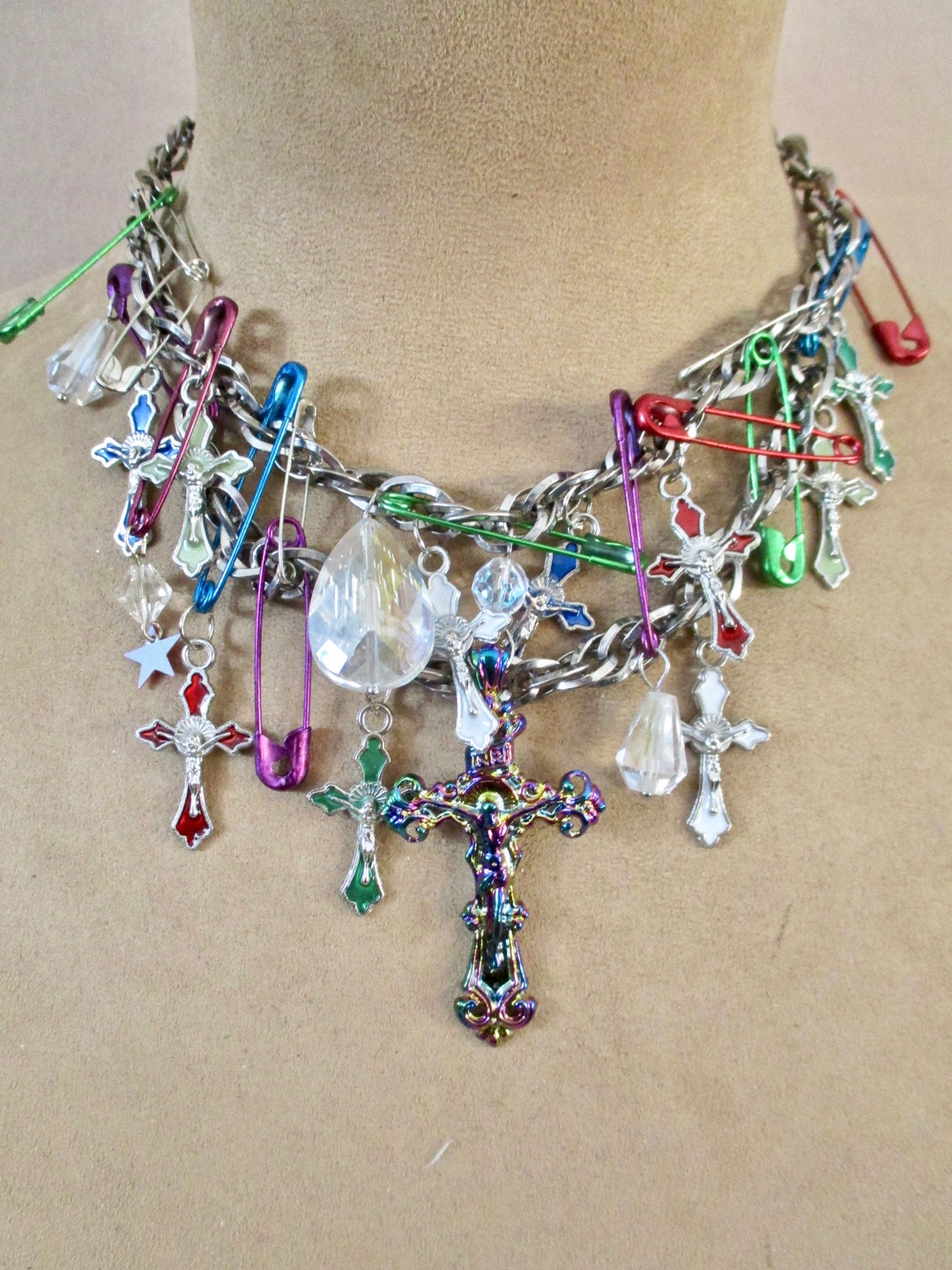 SALE Punk Safety Pin Crosses Choker Necklace Jewel Colors Etsy