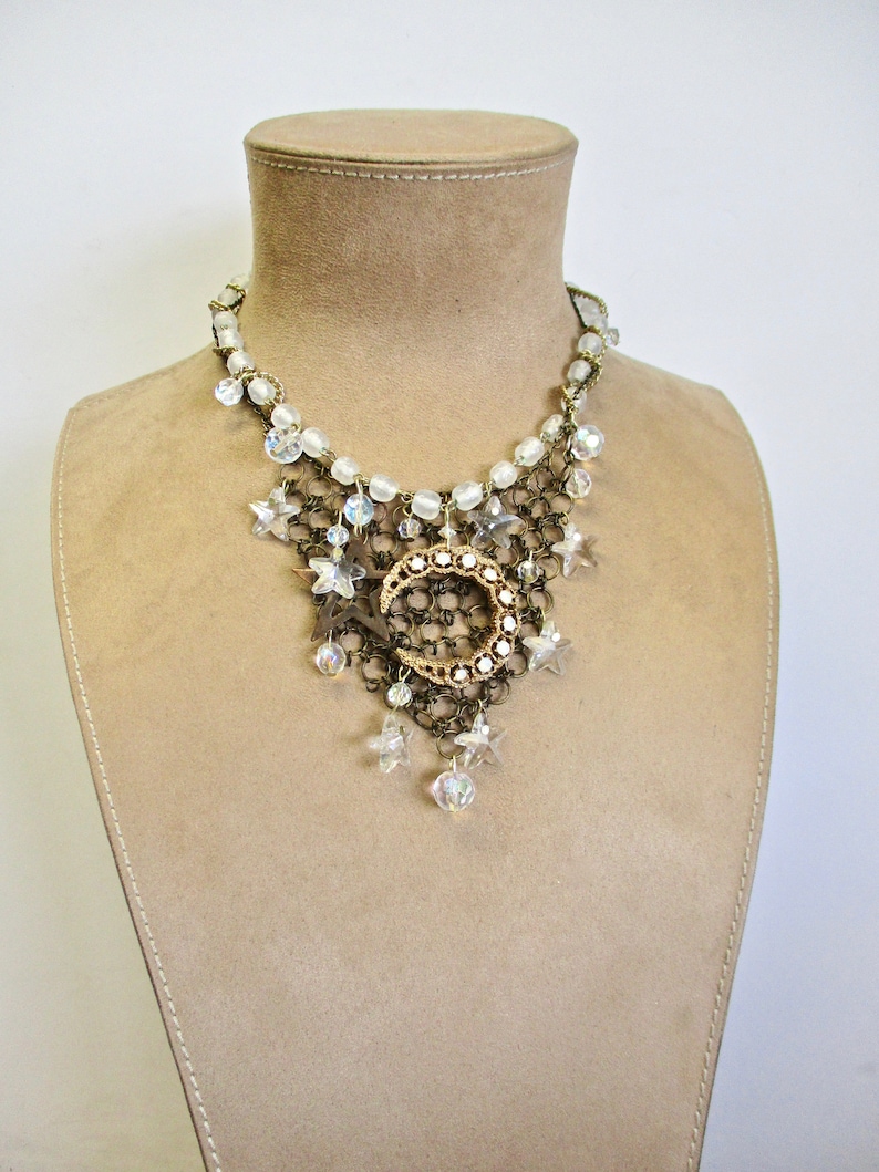 SALE Celestial Moon Stars Choker Necklace Vintage Assemblage Bib V Crescent Moon Sparkling