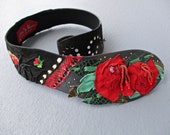 Red Rose Belt Suede Roses Leather Collage Medium Adjustable 80s Vintage Assemblage Hand Sewn Leatherwork One of a Kind Paula K Morticia Snow