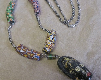 TWO FACED: African Trade Beads Necklace Antique Venetian Glass Millefiori Assemblage Tribal 2 Sided Mask Pendant Extra Long Adjustable Chain