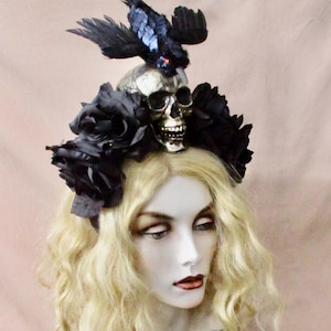 Night Visit: Raven Skull Headpiece Gothic Goth Black Roses Headband SHAPESHIFTER Forest Witch Silver Skull Flying Raven Familiar, Morrigan
