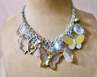 Angels in Disguise: Butterfly Necklace Choker Silver Gold Crystals Modernist Vintage Assemblage Multi Chains MOD Statement One of a Kind