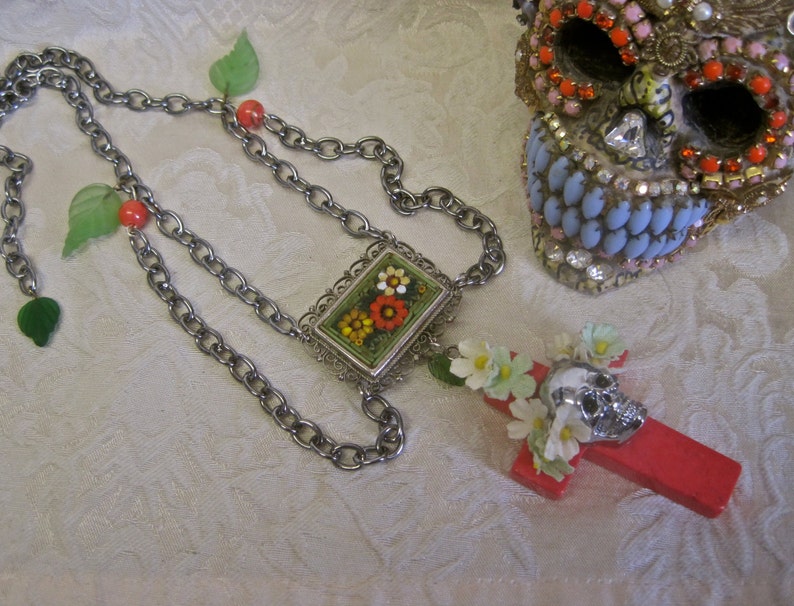 DAY of the DEAD NECKLACE Sugar Skull Choker Honeysuckle Cross Floral Silver Vintage Assemblage Micro Mosaic One of a Kind: Memorias Dulces image 4