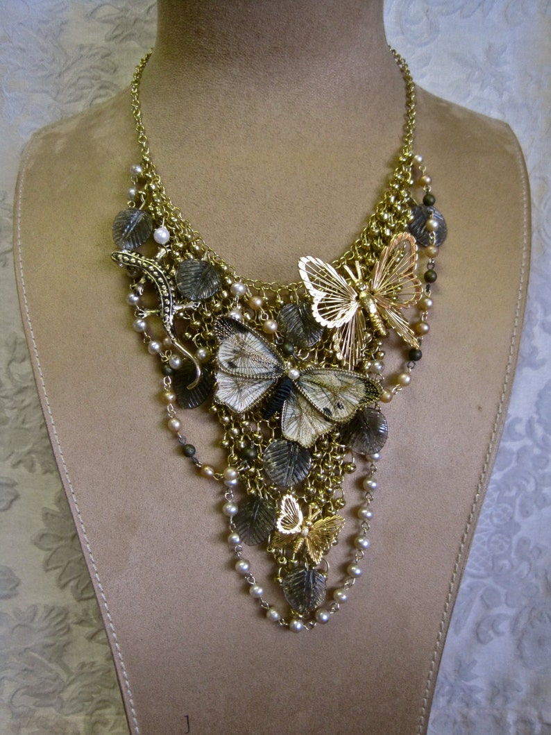 Butterfly Necklace Choker Adjustable Bib Lizard Gecko Gold Pearls Leaves Boho Bride Garden Wedding One of a Kind On the Nature of Things
