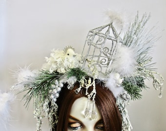 SALE Home for the Holidays: Bird Cage Fascinator Headpiece Snow Holiday Headpiece Crystals Sparkling Winter Snow Queen Ice Princess