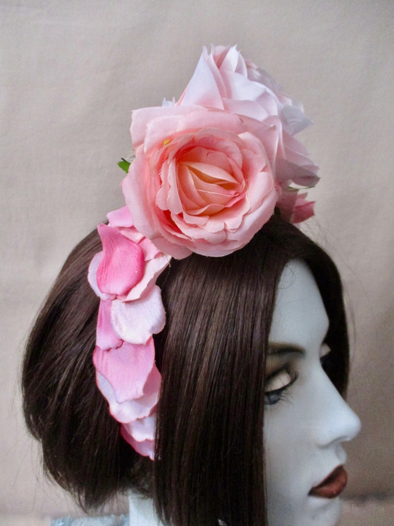 Pink Roses Headband Headpiece Flower Headband Photo Shoot Romantic Bride Headband Pink Rose Petals Morticia Snow Adult Headband: Coquette image 6