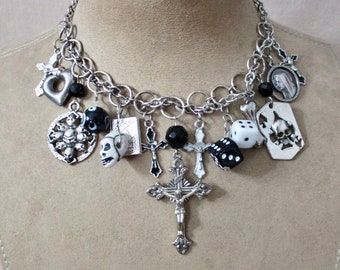 The Devil's Wager: Cross Choker Skulls Dice Crosses Necklace Silver, Black, White Locket Opens Goth Punk Rocker Choker One of a Kind