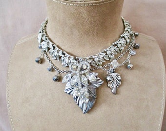 SALE Bridal Necklace ENAMOURED: Rhinestone Choker Crystals Silver Leaves Vintage Assemblage Statement Bride Garden Wedding One of a Kind