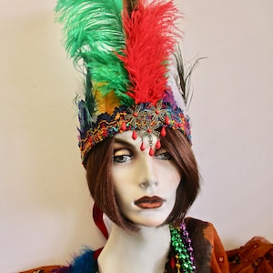 SALE Feather Headband Festival Boho Headband Colorful MARDI GRAS Headpiece Bright Multicolored Feathers Halloween Voodoo Headband Ties On