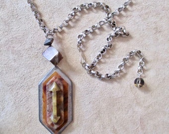 Choices: Grunge Arrow Necklace Layering Brutalist Vintage Silver Metal Picture Jasper Cube, Men's Necklace One of a Kind WHICH WAY