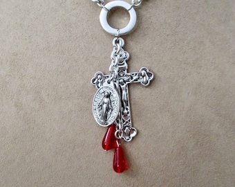 Fervor: Cross Pendant Choker Necklace Red Blood Drops Rosary Medallion Silver Red Assemblage Goth Choker Rocker Punk Religious