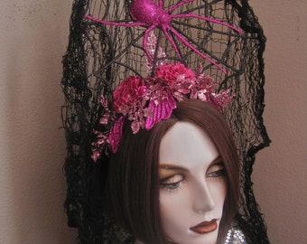 SALE Deadly Senorita: Spider Headpiece Black Widow Fascinator Halloween Headband Hot Pink Glitter Roses Oversized Black Web Mantilla Veil
