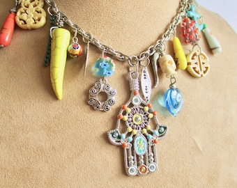 SALE Hamsa Choker Evil Eye Necklace Lucky Amulets Charms Vintage Assemblage PROTECTION Glass Artisan Beads Boho Festival Colorful Statement