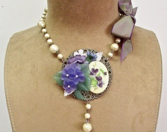 Violets Necklace Choker Vintage Assemblage Antique Glass Pearls Floral Cameo Bunch of Violets Collage Bow Delta Sigma Theta: My Fairest Lady