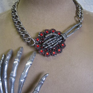 Clutch My Throat: Gothic Necklace Spooky Skeleton Hand Statement Goth Red Jewels Silver Heavy Chain Edgy Anti Valentine's Day image 1