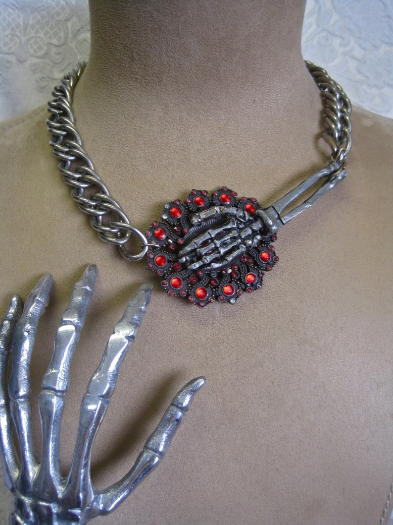 Clutch My Throat: Gothic Necklace Spooky Skeleton Hand Statement Goth Red Jewels Silver Heavy Chain Edgy Anti Valentine's Day image 1
