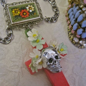 DAY of the DEAD NECKLACE Sugar Skull Choker Honeysuckle Cross Floral Silver Vintage Assemblage Micro Mosaic One of a Kind: Memorias Dulces image 1