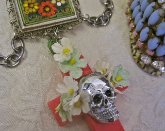 DAY of the DEAD NECKLACE Sugar Skull Choker Honeysuckle Cross Floral Silver Vintage Assemblage Micro Mosaic One of a Kind: Memorias Dulces