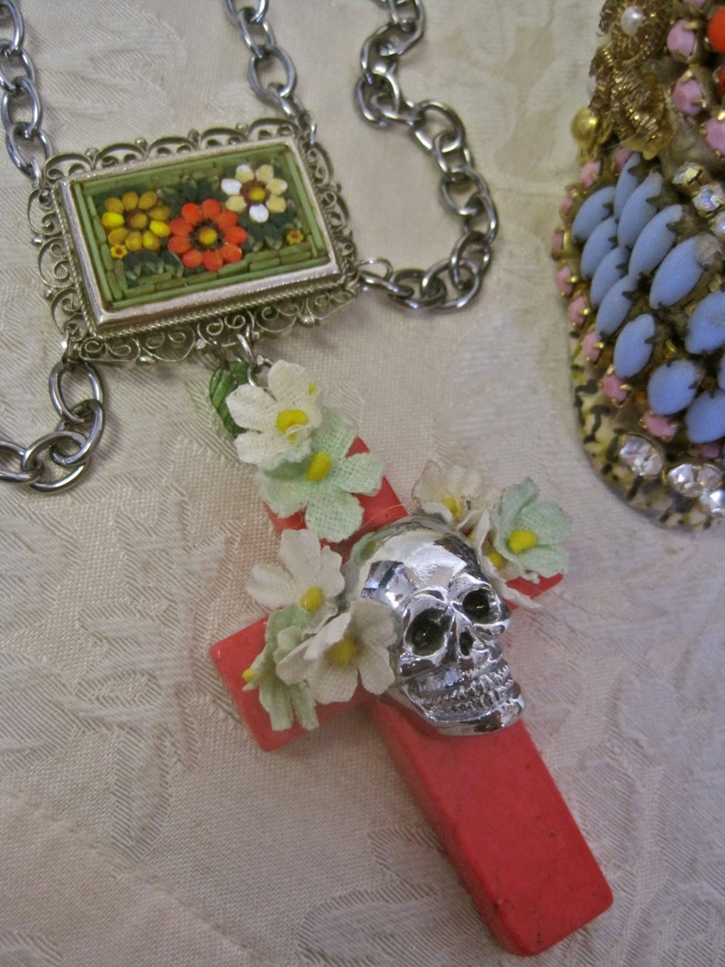 DAY of the DEAD NECKLACE Sugar Skull Choker Honeysuckle Cross Floral Silver Vintage Assemblage Micro Mosaic One of a Kind: Memorias Dulces image 1