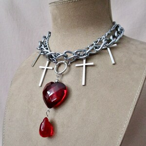 Loved to Death: Punk Bleeding Heart Choker Heavy Chains Silver Crosses Large Red Glass Heart Blood Drop Goth Rocker Statement Morticia Snow image 4