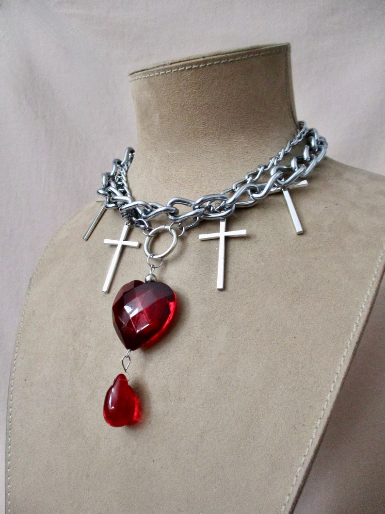 Loved to Death: Punk Bleeding Heart Choker Heavy Chains Silver Crosses Large Red Glass Heart Blood Drop Goth Rocker Statement Morticia Snow image 4