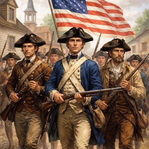 May include: An illustration of a group of soldiers marching, carrying rifles and an American flag. The soldiers are dressed in colonial-era uniforms, with tricorn hats and coats in shades of brown and blue. The flag is red and white striped with a blue field of white stars.