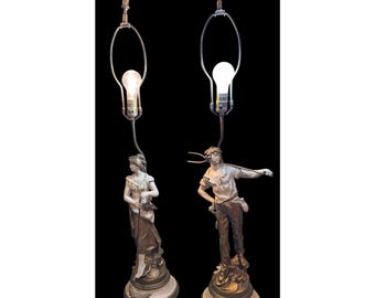 Louis Moreau Art Nouveau Style French Renaissance Figurine Table Lamps Vintage 40.5" Tall