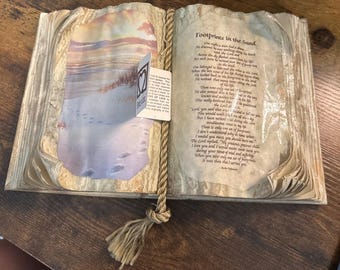 NEW Judith Bond Footprints in the Sand Decopage Open Book Sculpture