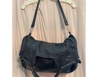 VTG Anna Corinna Black Leather Mid City Large Fold Over Tote Satchel