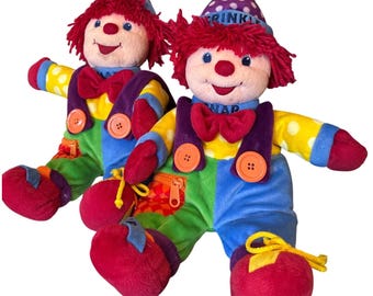 2 Vintage Gymboree Crinkle Sensory Clowns Zip Button Tie Twins
