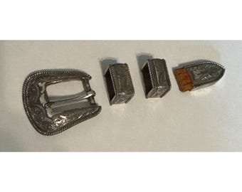 Vintage 4 Pc Western Belt Buckle Set Engraved