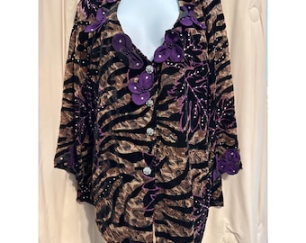 Vintage Sabella Mikesell Palm Beach 2X Silk Purple/Black Button Up Top 22W
