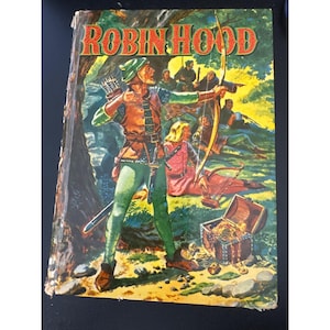 May include: Vintage "Robin Hood" book cover illustration. The cover features Robin Hood aiming a bow and arrow, with a treasure chest and other figures in the background. The title is in red and yellow.