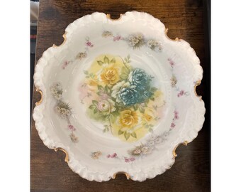 Vintage Monbijou Porcelain Bowl Ornate Gold Rim Scalloped Edges