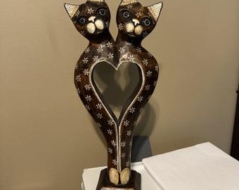 17" Wooden Twin Cats Sculpture