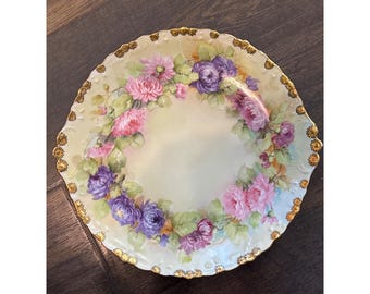 Antique Hand Painted Large Porcelain Bowl Roses Gold Trim France