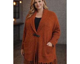 Vintage Wool Blend Carole Little Orange Knit Sweater 1X With Fringe