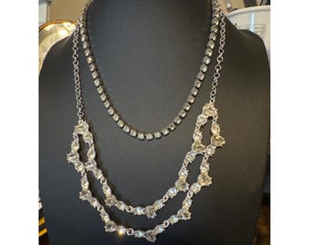 2 Vintage Rhinestone Silver Tone Necklaces