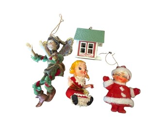 Set of 4 Vintage Christmas Ornaments Little Miss Muffet, Mrs Claus, Schoolhouse, Fairy