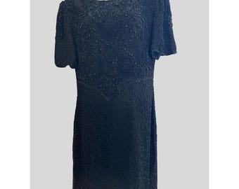 Vintage Laurence Kazar Silk Black Beaded Sequin Dress Small