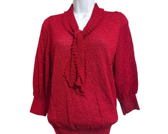Vintage Keneth Knits Red Sweater Tie Neck Size Small ILGWU